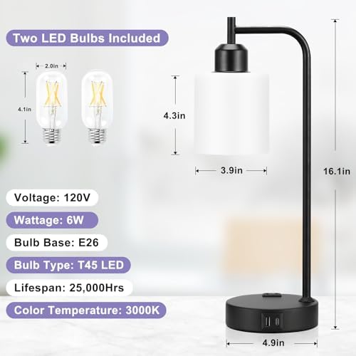 Industrial Touch Bedside Lamps for Bedrooms Set of 2 - 3-Way Dimmable Nightstand Lamps with USB C+A Ports and Outlet, Table Lamps with Opal Glass Shade for Living Room, Desk Lamps for Home Office - Image 4