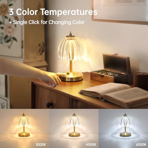 Shenmoyl Tulip Small Table Lamp, 5200mAh Cordless Touch Control Mini Table Lamp with 3 Color Temps & Stepless Dimming, Perfect for Small Spaces like Dressers, Bedsides, Bookshelves (Transparent Tulip) - Image 4