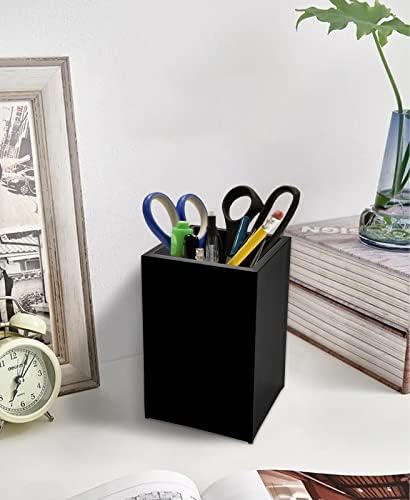 2 Pack Black Acrylic Pencil Pen Holder Cup,Desk Accessories Holder,Makeup Brush Storage Organizer,Modern Design Desktop Stationery Organizer for Office School Home Supplies,2.6x 2.6x 4 inches - Image 2