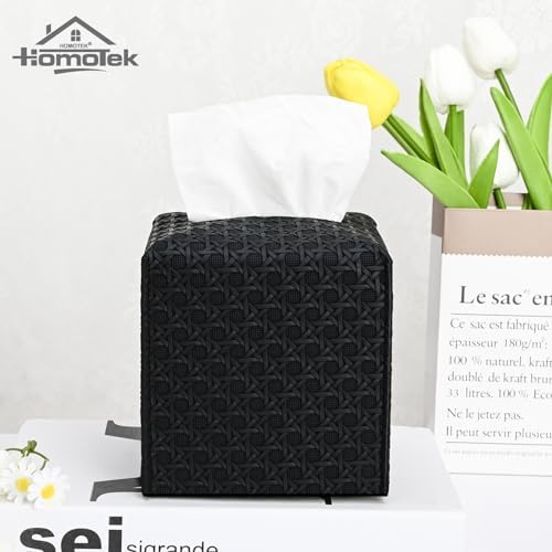 HOMOTEK 1 Pack Tissue Box Cover, Square PU Leather Tissue Holder, Decorative Facial Tissue Cube Paper Organizer Dispenser for Bathroom, Night Stands, Desk, Car 5X5X5'' - Rattan Weave, Black - Image 4