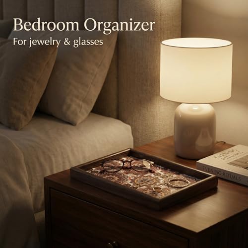 Wooden Valet Tray with Leather Base - Nightstand Catchall Organizer for Cologne, Perfume, Keys, Wallet, Phone, Watch, Jewelry & Sunglasses (Bohemian) - Image 5