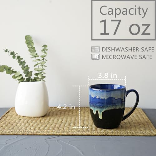 Bosmarlin Ceramic Coffee Mug Set of 4, 17 Oz, Coffee Cups with Big Handle, Microwave Safe, Unique Reactive Glaze (17 Oz, Blue) - Image 2