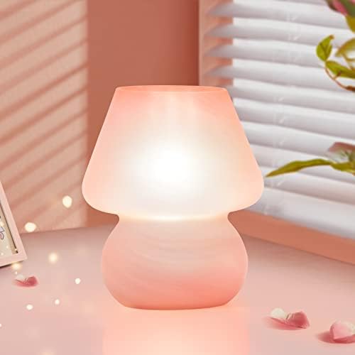 ONEWISH Mushroom Lamp Cute Table Lamp for Bedroom Nightstand Soft Light Pink, Small Glass Nightlight Stepless Dimmable Desk Lamp for Dining, Living, Nursery, Vanity, Home Decor Lamp for Girls Women by onewish