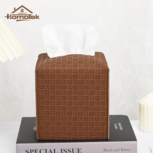 HOMOTEK 1 Pack Tissue Box Cover, Square PU Leather Tissue Holder, Decorative Facial Tissue Cube Paper Organizer Dispenser for Bathroom, Night Stands, Desk, Car 5X5X5'' - Rattan Weave, Chocolate - Image 3