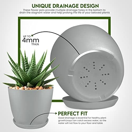 Plant Pots Indoor with Drainage, 5 Pack Multi-Size Planters Set, Grey - Image 5