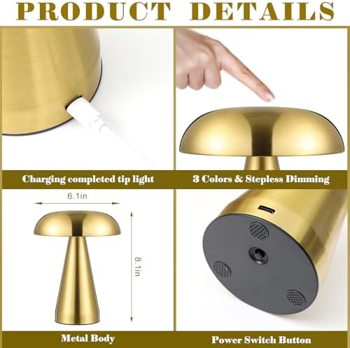 VIHOSE 2 Sets Cordless Lamp Gold, LED Mushroom Metal Table Lamps - Image 2
