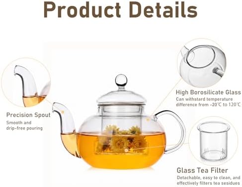 600ml (20.3oz) Borosilicate Glass Teapot with Removable Glass Infuser, Stovetop Safe Clear Tea Kettle for Blooming Tea & Loose Leaf Tea - Image 3
