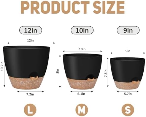 YNNICO 12" 10" 9" Large Self Watering Plant Pots for Indoor Outdoor Plants - Image 2