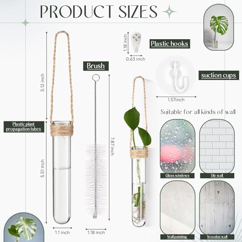 Baderke 9 Pack Clear Window Propagation Stations Plastic Window Planter with Suction Cups & Traceless Nails, Propagated Plant Holders with Bottle Brush, Hanging Vases Terrarium Gift(5") - Image 2