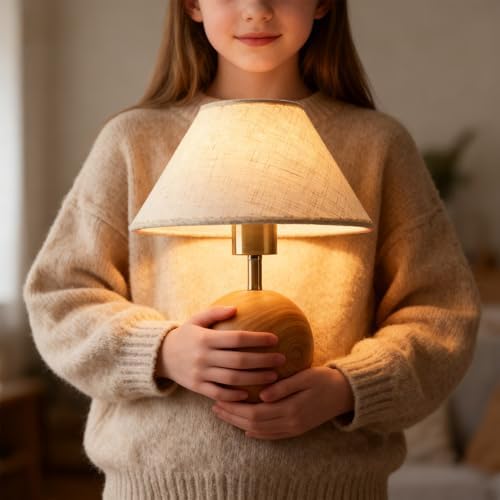 Wood Table Lamp for Bedroom, Flaxen Fabric Shade Small Desk Lamp for Living Room,Décor Ambient Bedside Lamps for Night Stands,LED Bulb (not Included) - Image 4