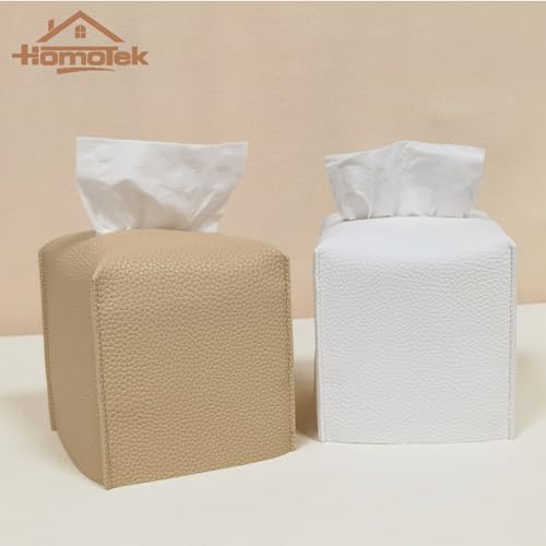 HOMOTEK 2 Pack Tissue Box Cover, Square PU Leather Tissue Holder, Decorative Facial Tissue Cube Paper Organizer Dispenser for Bathroom, Night Stands, Desk, Car 5X5X5'' - White, Pebble Grain - Image 5