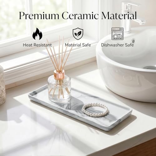 10″ x 3.5″ Ceramic Bathroom Vanity Tray, Rectangular Decorative Countertop Tray for Bathroom Kitchen, Ceramic Organizer Tray for Perfume, Candle, Jewelry, Cosmetics, Soap Dispenser, Marble Grey - Image 5