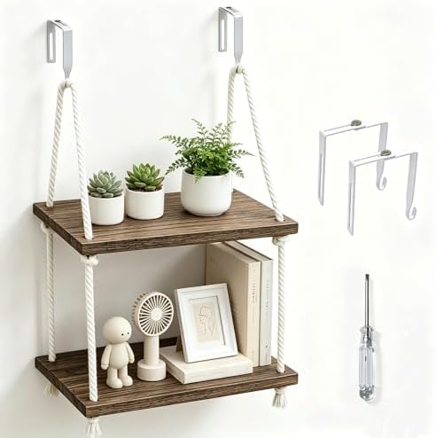 2 Tier Cubicle Shelf with Hooks, Wooden Hanging Organizer for Office by Fernlandia
