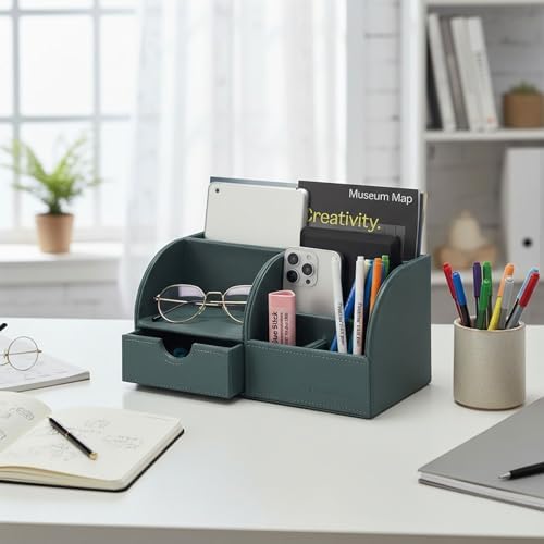UnionBasic Desk Organizer - Multifunctional Leather Desktop Pen Holder Storage Box - Business Card/Pen/Pencil/Mobile Phone/Stationery Holder, Dark Ivy - Image 6