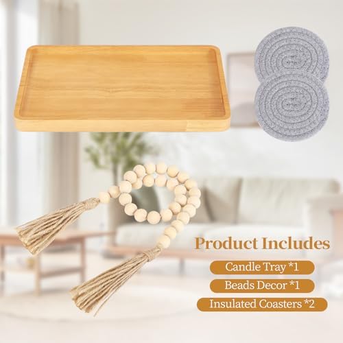 Wooden Candle Tray Holder 11 * 6.5 * 0.8 Inch Rectangular Decorative Serving Trays for Coffee Table Centerpiece Home Decor Wood Table Tray for Kitchen Counter with Beads Decor and 2 Coasters - Image 3