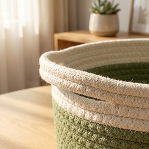 Small Cotton Rope Basket - White Woven Storage Basket with Handles, Desktop Organizer for Keys, Remotes, Makeup, Soft Decorative Bin for Bathroom, Office Shelf (White/Green) - Image 2