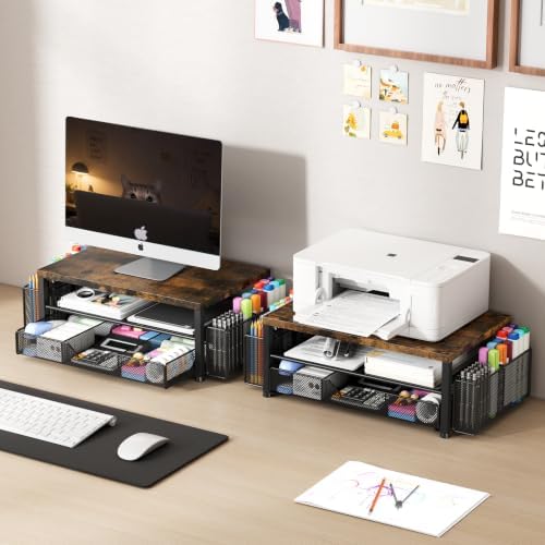 OPNICE Desk Organizers and Accessories, Computer Monitor Stand Riser with Drawer and 2 Pen Holders, Printer & Laptop Stand, Office Desk Accessories & Workspace Organizers for Home Office Supplies, Wood Brown - Image 7