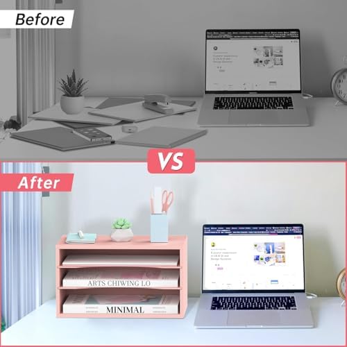 3 Tier Wood Desk Organizer, Mail Sorter and Paper Organizer for Desk, Pink - Image 6