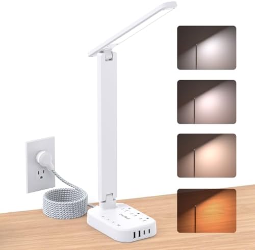 LED Desk Lamp, 10Ft Power Strip with 3 Outlets 4 USB Ports(2 USB C), White by OneBeat