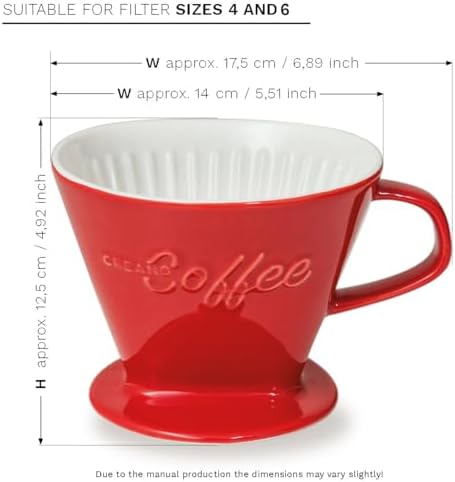 Creano XXL Porcelain Coffee Dripper Red - Ceramic Cone Brewer - Pour Over Coffee Maker - Filter Size 4 - huge and heavy quality 800gr/28oz - 6 Colours availeble - Image 3
