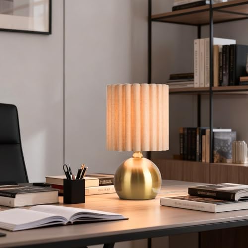 Ziqqeelam Gold Small Table Lamp with Scalloped Linen Shade, Mini Brass Gold Table Lamp for Bedroom Nightstand, Cute Desk Night Light for Living Room, Bookshelf, Kitchen Counter, Kids Room, Office - Image 4