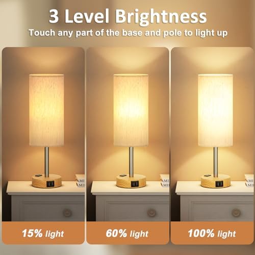 Fenmzee Bedside Table Lamp Set of 2 - Dimmable Touch, USB A+C, AC Outlet - Image 3