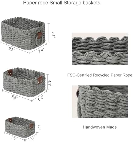 Woven Paper Rope Wicker Basket for Organizing(Set of 3,Grey) - Image 6