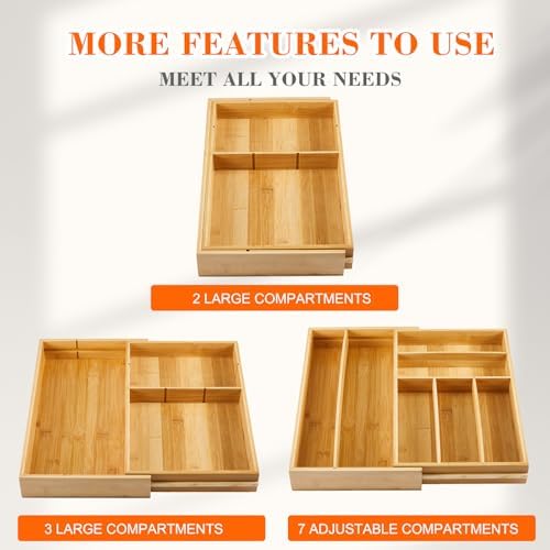 Briwooody Bamboo Sliding Desk Drawer Organizer 9.4'' up to 18'' x 15'' x 2'' Expandable Office Desk Accessories Supplies Tray with 7 Compartments for Pens, Notebooks, Rulers, and Makeup Jewelry Vanity - Image 5