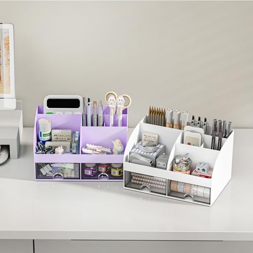 COMFYROOM Desk Organizer with 6 Compartments and 2 Drawers, Plastic Makeup Organizer, Pen Holder for Desktop Storage, Desk Organization for School, Home, Office Supplies (Purple) - Image 5