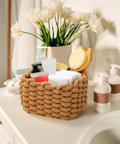 Small Cotton Rope Basket 2 Pack, Khaki White Shelf Bins for Desk Vanity - Image 7