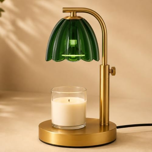 Scalloped Glass Candle Warmer Lamp with Timer (2H/4H/8H) - Dimmable & Adjustable Height - Wax Melter for Large & Small Jar Candles - 2 Bulbs - Gold Metal - Flameless Home Decor Gift for Women (Green) by Unknown