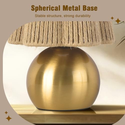 Ziqqeelam Brass Gold Spherical Mini Table Lamp with Wicker Shade, Cute Decor Nightstand Lamp for Small Spaces, Bedroom, Home Office and Living Room - Image 5