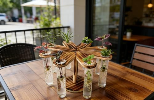 Plant Terrarium Propagation Stations, Clear Glass Flower Vases, Wooden Stand Retro, Hydroponics for Home Office Decoration, Dining Table Centerpiece - 8 Glass Tubes Vases - Image 6