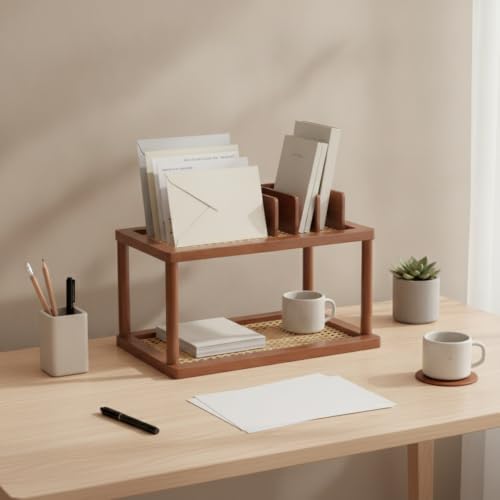 Natural Bamboo Desktop Organizer Rack, Vertical File & Mail Sorter for Office Desk or Kitchen Counter, Sturdy Open Shelf Storage (Brown) - Image 3