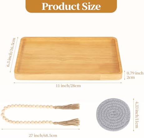 Wooden Candle Tray Holder 11 * 6.5 * 0.8 Inch Rectangular Decorative Serving Trays for Coffee Table Centerpiece Home Decor Wood Table Tray for Kitchen Counter with Beads Decor and 2 Coasters - Image 4