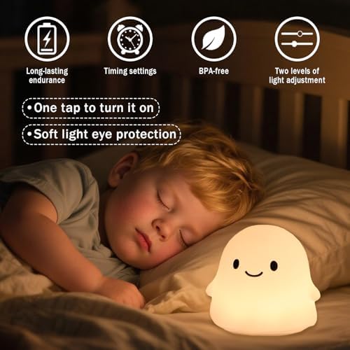 Rytinazzz Halloween Ghost Night Light, 50-Hour Battery & Pat Control, Cute Squishy Lamp for Kids Room Decor, USB Rechargeable with Timer, Cute Home Decor - Image 4