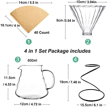 Pour Over Coffee Maker Set – Includes Glass Coffee Dripper, Metal Dripper Stand, Heat Resistance 600ml Coffee Server and 40 Count Paper Coffee Filters, 4 in 1 Set for Home or Office (Black Set) - Image 2