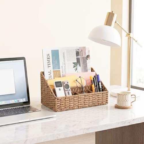 Mail Organizer for Desk - Countertop Mail Sorter & Magazine Holder, Brown Desk Organizer with 5 Compartments for Letters, Bills, Office Supplies, 12.7'' L x 6.3'' W x 7.1" H - Image 3