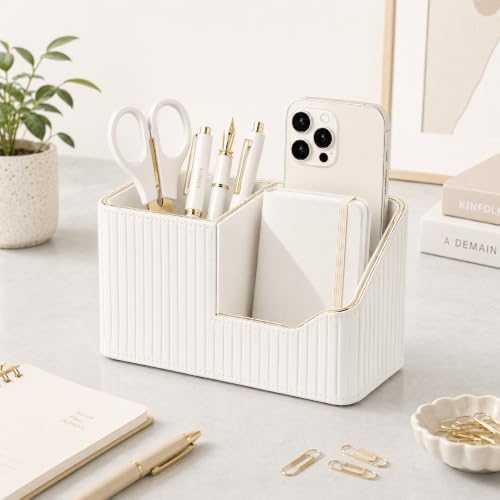 KINGFOM Luxury PU Leather Desk Organizer for Office Accessories, Aesthetic Pen Holder for Desk, Modern Desktop Storage Organizer for Home Office Supplies Cream White with Gold Trim - Image 3