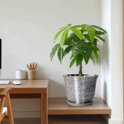 10 Inch Plant Pot, Ceramic Planter with Drainage Hole, Silver - Image 7