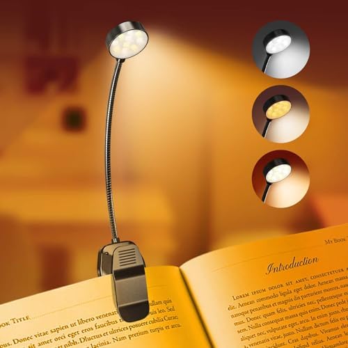 KTEBO Rechargeable Book Light for Reading in Bed, Eye Caring Book Reading Lamp with 10 LED Modes, 1.3 oz Lightweight Portable Clip on Light, 360 Adjustable Clamp Light Perfect for Readers by KTEBO