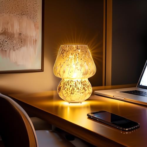 DN DECONATION Glass Mushroom Lamp Cordless Table Desk Lamp for Bedroom - Image 5