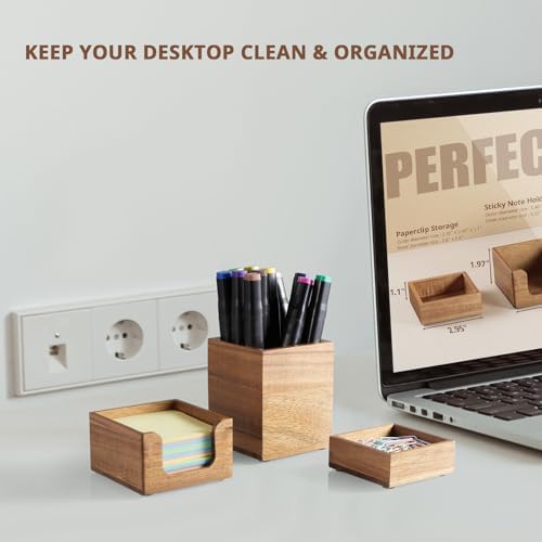 Desk Organizer Set of 3 - Acacia Wood Office Desk Accessories - Desk Organizers and Accessories for Women Men - Set incl. Pencil Pen Holder, Paperclip Storage and Sticky Note Holder - Image 3