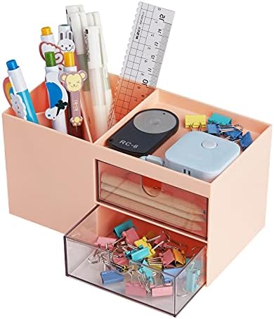 LETURE Office Desk Organizer with drawer, Office Supplies and Desk Accessories, Business Card/Pen/Pencil/Mobile Phone/Stationery Holder Storage Box (Pink) by LETURE