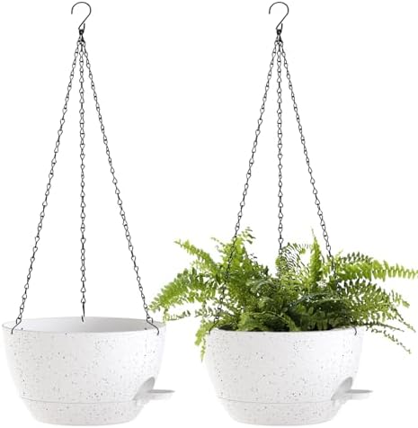 10 Inch Hanging Baskets 2 PC with Chains, Self-Watering Hanging Planters for Indoor Outdoor Plants, Plastic Hanging Flower Pots,Speckled White by SQKH