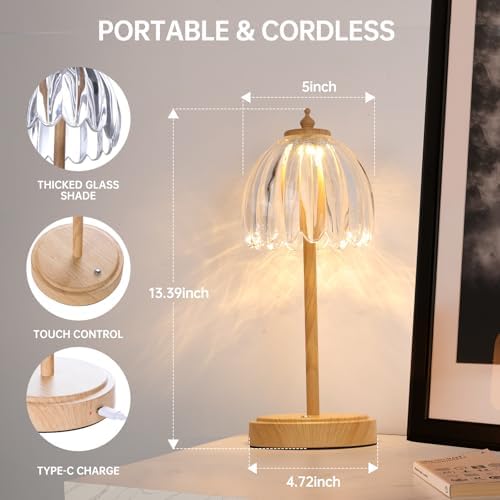 Shenmoyl Tulip Table Lamp with 5200mAh Battery & Touch Control, Small Cordless Table Lamp with 3 Colors, Rechargeable Battery Operated Table Lamps for Bedroom, Desk, Bedside (Transparent-Beech Color) - Image 6