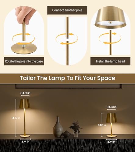 3 Pack Cordless Table Lamp, Portable Battery Operated Lamp with 3 Color Temps and Stepless Dimming, Rechargeable Table Lamp for Dinner, Desk, Cafe, Outdoor (Brushed Gold) - Image 3