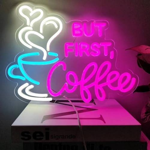 But First Coffee Neon Sign Large 5V USB Powered Acrylic Neon Lights with Dimmable Switch and Hanging Chain for Coffee Cafe Bar Party Living Room Sign Gifts 14 * 11.3inch(Pink) - Image 3