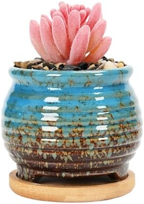 3.5 Inch Ceramic Succulent Planter Pot with Drainage Hole & Bamboo Tray - Mini Round Small Plant Pot for Indoor Desktop, Cactus Flower Container (Plant and Soil Not Included)，Blue - Image 2