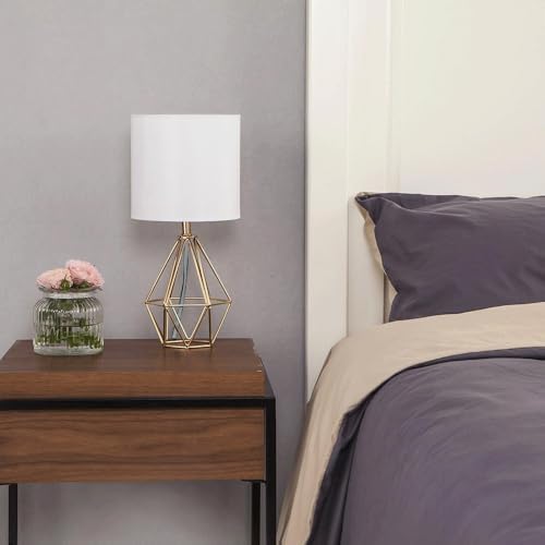Gold Modern Hollow Out Base Bedroom Small Table Lamp,Bedside Nightstand Lamp with Geometric Metal Base White Fabric Shade,Cute Desk Lamp for Kids Living Room - Image 5